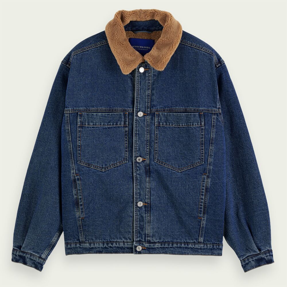 SCOTCH & SODA Teddy-Lined Denim Trucker Jacket in Washed Indigo